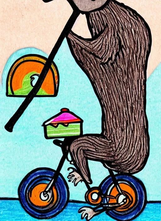 Image similar to drawing of a sloth urban outfitters style riding a bike going to the beach