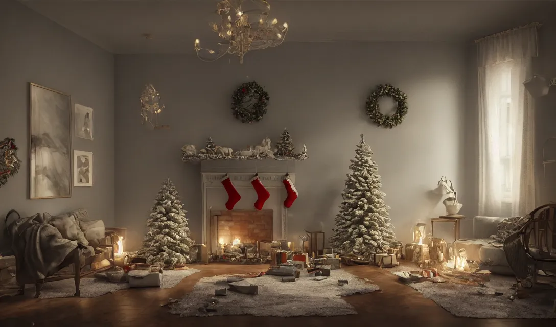 Image similar to a christmas eve in a beautiful home, photorealistic landscape painting on the wall, ascher clemens, home, interior, octane render, deviantart, greg rutkowski, cinematic, key art, hyperrealism, canon eos c 3 0 0, ƒ 1. 8, 3 5 mm, 8 k, medium - format print