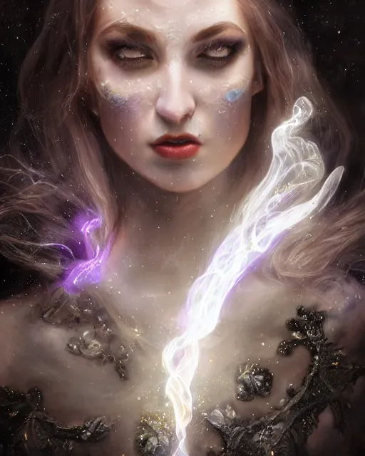 Image similar to lightpainting, diffuse lighting, fantasy, intricate wiccan facial lightpainting, elegant light, highly detailed, lifelike, photorealistic, digital painting, artstation, concept art, smooth, sharp focus, art by john collier, albert aublet, krenz cushart, artem demura, michael bosanko