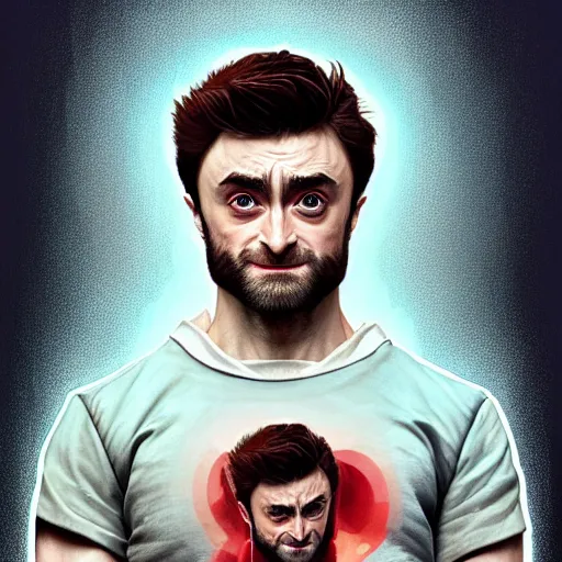 Image similar to symmetry portrait of daniel radcliffe as wolverine, american stand - up comedian, intricate, elegant, highly detailed, digital painting, artstation, concept art, smooth, sharp focus, illustration, art by artgerm and greg rutkowski and alphonse mucha