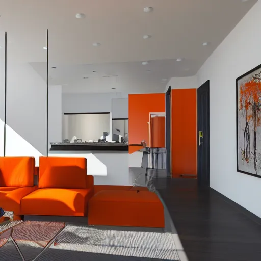 Image similar to interior of a house, modern minimal design, orange color scheme, vivid colors, photorealist, 4 k