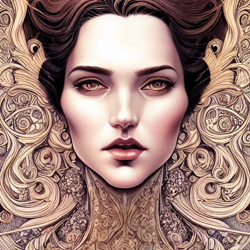 Image similar to a beautiful detailed front view portrait of a woman with ornate growing around, ornamentation, sculpture, elegant, luxury, beautifully lit, artgerm, joshua middleton comic cover art,