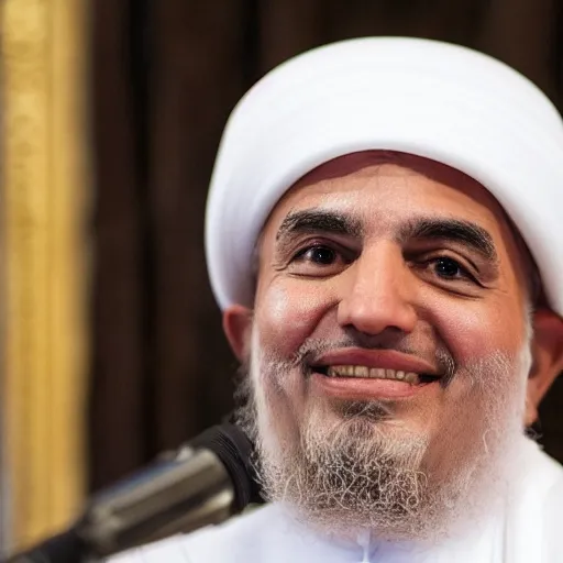 Image similar to trump as an imam, smiling, 4 k, detailed, photograph, realistic