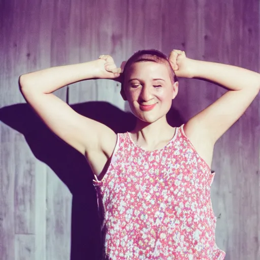Prompt: razorfree beautiful young woman, short hair, tank top, arms raised above her head, cottagexore, portrait photography, portra 800