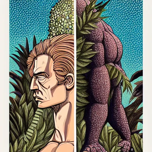 Image similar to adam and eve bigger than godzilla, apotheon art style, smooth painting, each individual seeds have ultra high detailed, 4 k, illustration, comical, acrylic paint style, pencil style, torn cosmo magazine style, pop art style, ultra realistic, underrated, by mike swiderek, jorge lacera, ben lo, tyler west