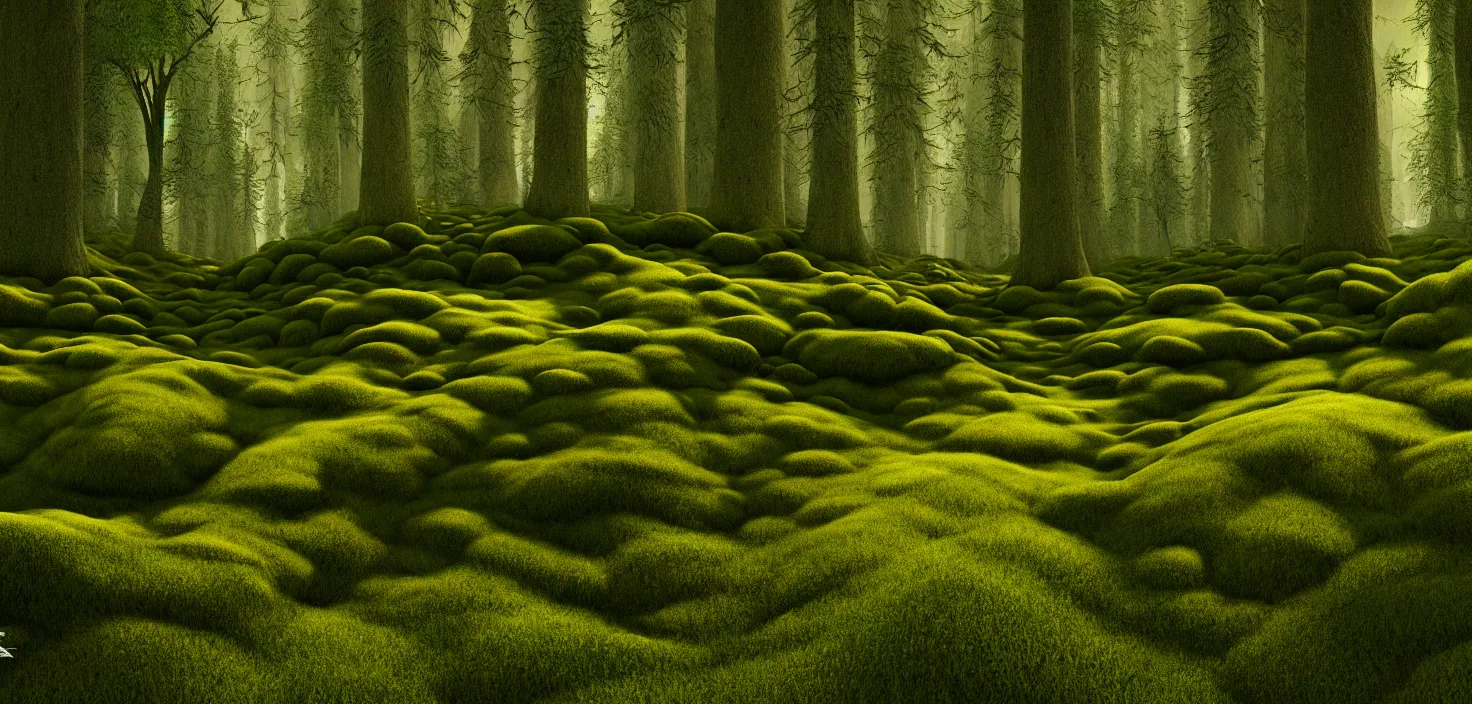 Image similar to random forest landscape, moss, incredible, vector art, octane render, fabulous, hyper detailed, random cinematic view, no noise, global illumination, warm lighting, volumetric, godrays, vivid, beautiful, by brian miller