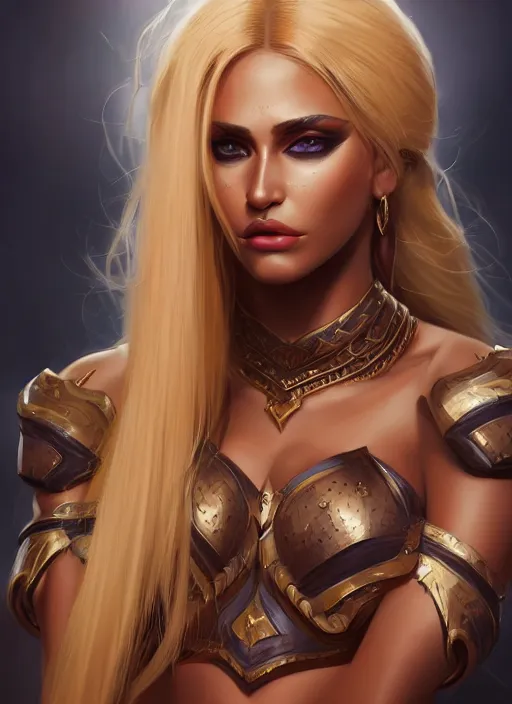 Prompt: a highly detailed illustration of fierce blonde tanned skin goddess ereshkigal, dramatic powerful pose, perfect face, perfect body, intricate, elegant, highly detailed, centered, digital painting, artstation, concept art, smooth, sharp focus, league of legends concept art, wlop