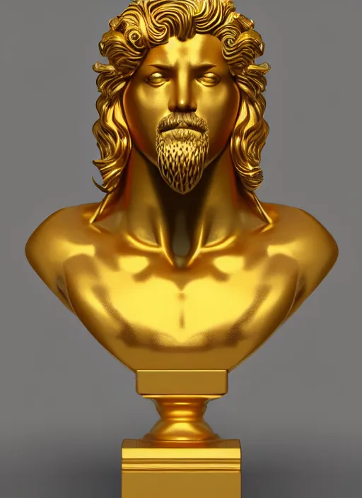 Image similar to stylized gold onyx ornate statue bust made of marble of hercules, perfect symmetrical body, perfect symmetrical face, hyper realistic, hyper detailed, by johannen voss, by michelangelo, octane render, blender, 8 k, displayed in pure white studio room