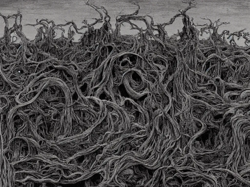 Prompt: landscape by H.R. Giger, Junji Ito, Zdzislaw Beksinski, Todd McFarlane