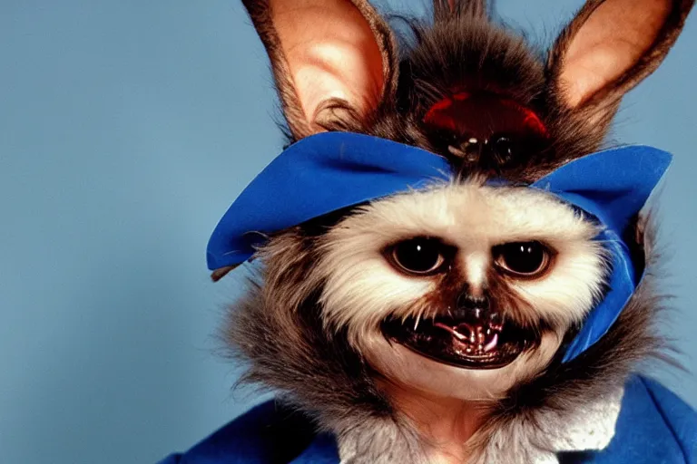 Image similar to a portrait photograph of gizmo from the movie gremlins wearing a blue wedding suit and looking proud, portrait taken by annie leibovitz,