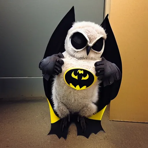 Prompt: an owl wearing a Batman costume, photo