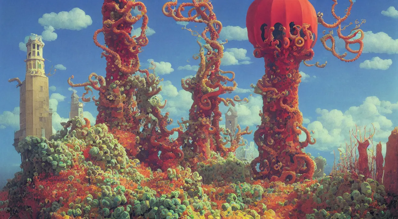 Image similar to single flooded coral tentacle tower, very coherent and colorful high contrast!! masterpiece by rene magritte simon stalenhag carl spitzweg syd mead norman rockwell edward hopper james gilleard, overdetailed, sharp focus, dark shadows, sunny day, hard lighting