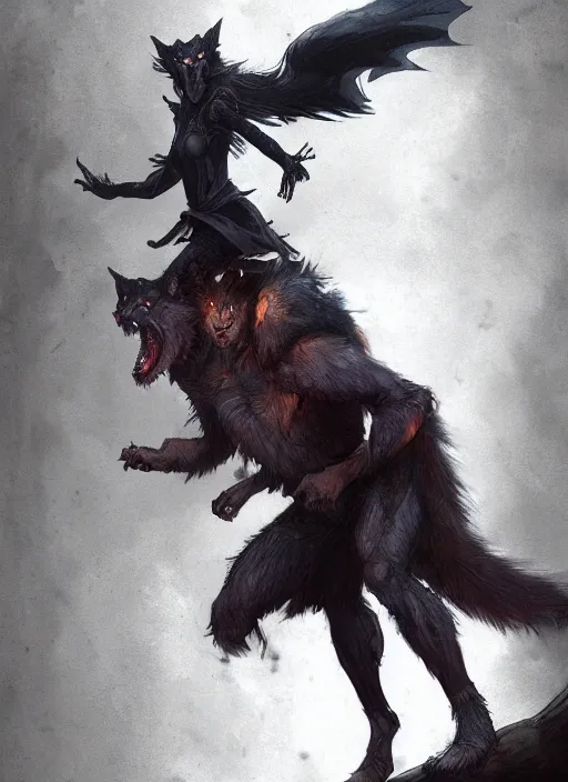 Image similar to a werewolf guardian supporting a small sorcerer girl on his shoulder, ultra detailed, fantasy, dramatic lighting, trending on artstation, award - winning, artgerm and greg rutkowski, 8 k