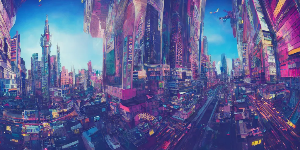 Image similar to Bustling vivid utopian city reimagined by Max Hay, fisheye lens!!!, 100mm photography, trending on artstation, 4k, 8k, lens distortion, chromatic aberration, soft focus blur, photorealistic imagery, photorealistic details, intricate, highly detailed