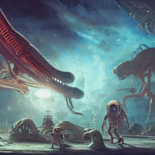 Image similar to flea market in another galaxy, fantastic plot, alien creatures, beautiful fantasy detailed trending on artstation, oil painting, dramatic lighting, eterea, high quality print, fine art with subtle redshift rendering