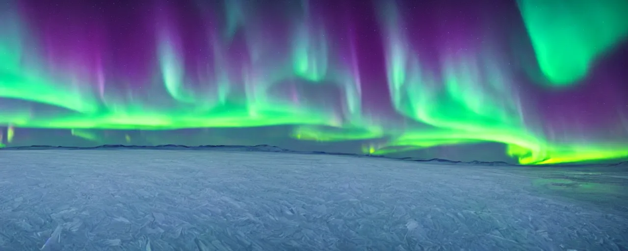 Image similar to Surreal image of beautiful Aurora Borealis in sky over frozen sea coast at night