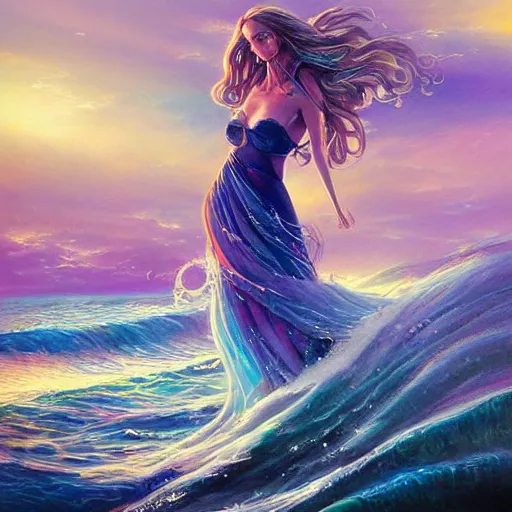 Image similar to hypnotic sea goddess, beautiful composition, wide angle, colorful, cinematic, volumetric lighting, intricate details painting