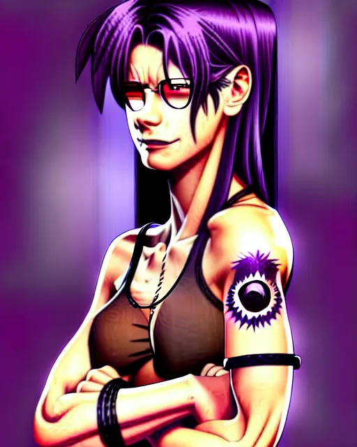 Image similar to a portrait of revy from black lagoon, black tank top, jean shorts, brown eyes, purple hair, tribal tattoos right arm sleeve, symmetrical eyes, symmetrical face, art by lois van baarle and loish and ross tran and rossdraws and sam yang and artgerm