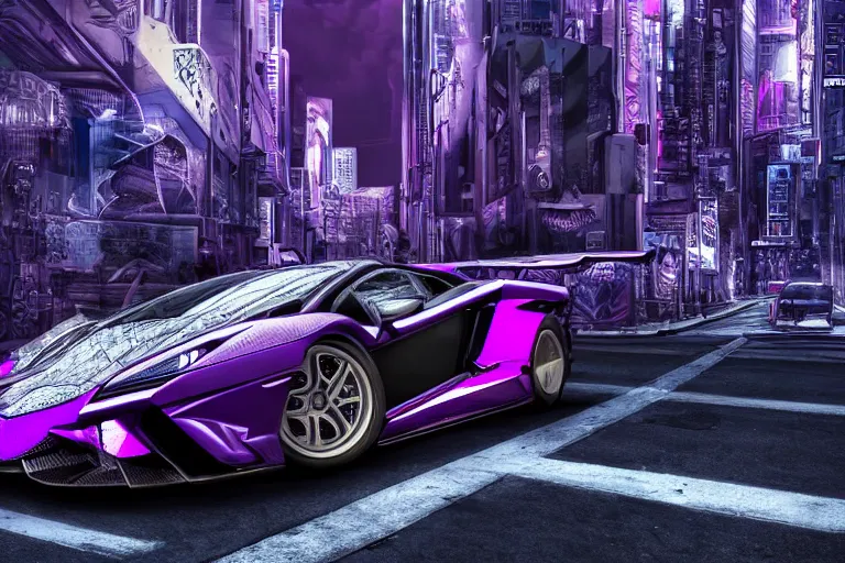 Image similar to hyper detailed purple lamborghini transformer, mecha cyberpunk city street background, 8 k photograph, dramatic lighting,