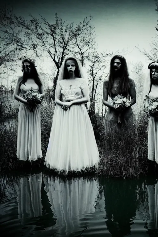 Prompt: 4 ghostly brides standing in a pond, cinematic, horror, photorealistic, vintage, unsettling