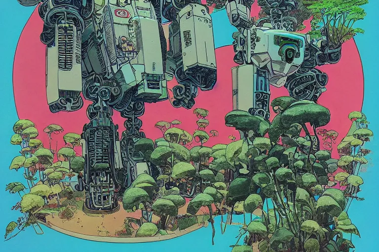 Prompt: gigantic man head, a lot of exotic vegetation around, trees, tremendous mecha robot, flowers, risograph!, oldschool vintage sci - fi flat surreal design, super - detailed, painting by moebius and satoshi kon and jodorwski