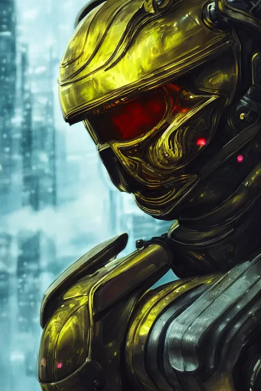 Prompt: ultra realist and ultra intricate detailed soft painting of a beautiful sci-fi armored male, helmet with holographic yellow skull over face, symmetry features, sensual gloomy style, volumetric clouds, cyberpunk burning building background, artstation, unreal render, depth of field