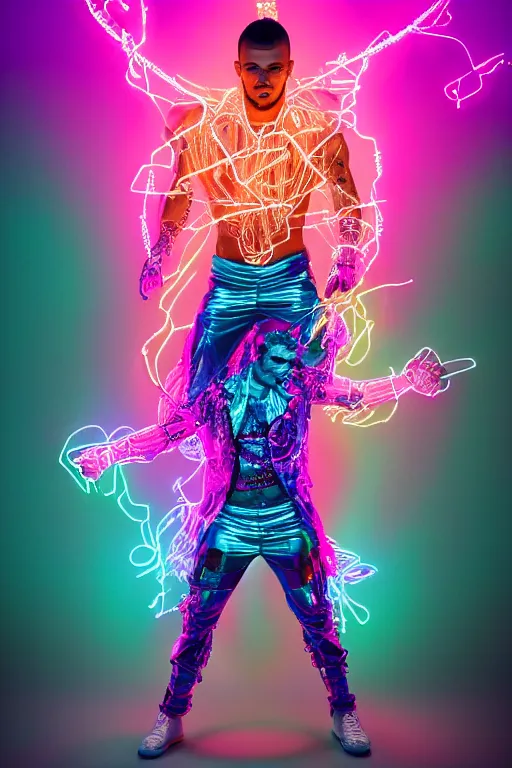 Image similar to hyper detailed ultra sharp fullbody photo of baroque and cyberpunk transparent neon ceramic sculpture of a muscular seductive muscular liam payne feeling muy cachondo, muy dotado, iridescent humanoid deity wearing teal plastic hooded cloak, holding a rainbow lizard gem, blue diamond, glowing pink face, crown of white diamonds, cinematic lighting, photorealistic, octane render 8 k