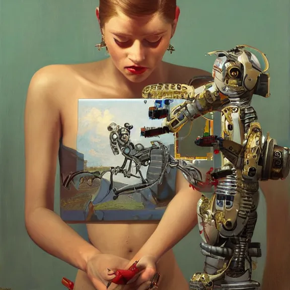 Image similar to robot artist painting a self - portrait on a canvas. intricate, highly detailed, photorealistic, film still, by alexandros pyromallis, gil elvgren, sachin teng.