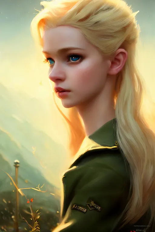 Image similar to cinematic shot of an epic portrait of a cute blonde fairy dressed in military clothes, stylised military clothes, shiny skin, beautiful eyes, beautiful, small details, night setting, realistic poster with volumetric light from craig mallism, artgerm, jeremy lipkin and michael garmash, unreal engine, radiant light, digital art, trends at art station, a masterpiece