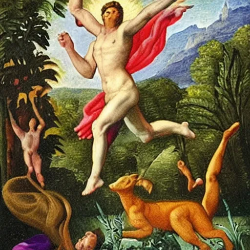 Prompt: Eve star-jumping in the Garden of Eden. God is wearing a concerned frown