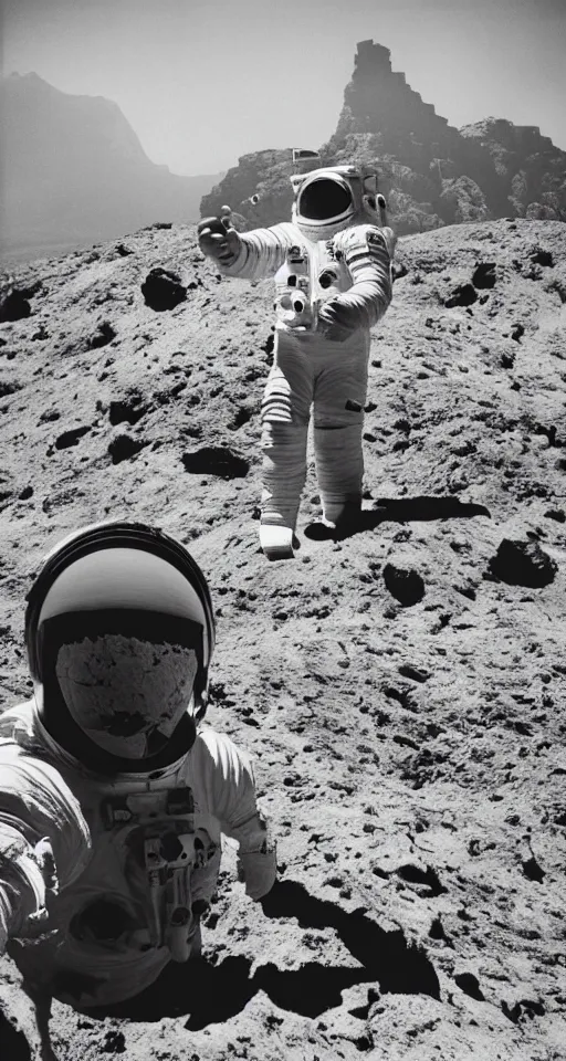 Image similar to astronaut taking a selfie with Jesus Christ at Golgotha, mountain of skulls in background, realistic old photo, coal dust, lumierre