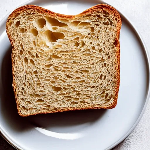 Prompt: A single slice of bread on a white plate