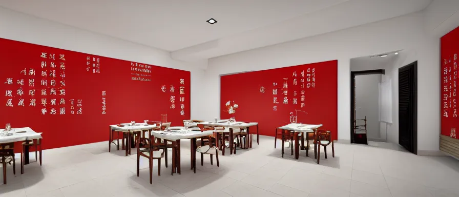 Image similar to a beautiful simple interior render of small roasted string hotpot restaurant restaurant yan'an, wall corner, from china, red paper wall and white tile floor, rectangle white porcelain table, fine simple delicate structure, chinese style, simple composition, simple style structure decoration design, victo ngai, 4 k hd