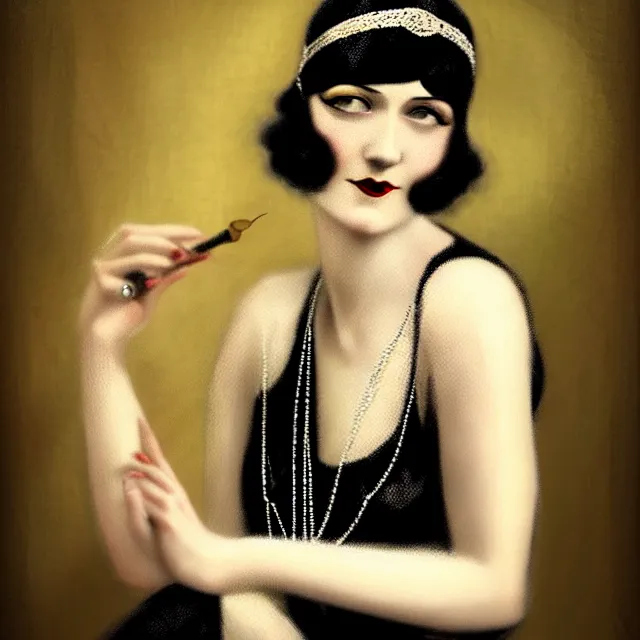 Image similar to 1 9 2 0 s beautiful woman in a flapper photo portrait, atmospheric lighting, painted, intricate, ultra detailed, well composed, best on artstation, cgsociety, epic, stunning, gorgeous, intricate detail, wow, masterpiece