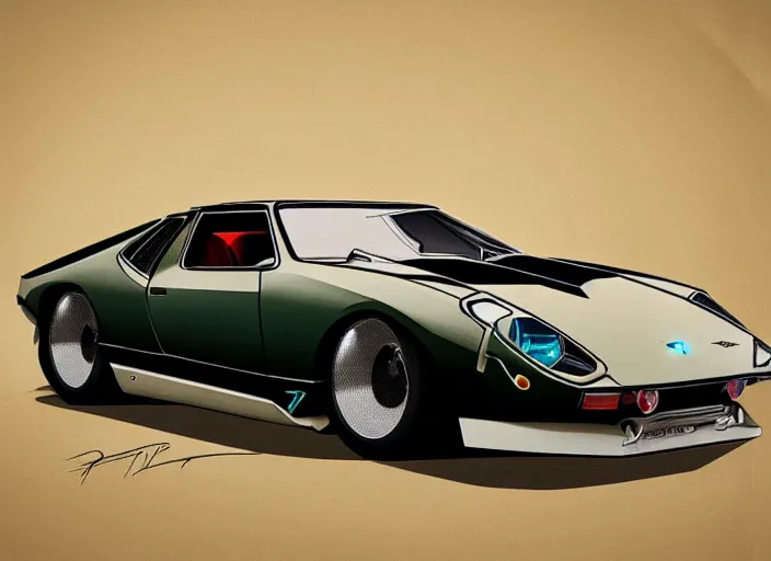 Image similar to a blending, amalgamation and detailed combination of a lamborghini countach, datsun 2 6 0 z and a jaguar e - type, concept art, round headlights, 8 k, highly detailed, trending on art station