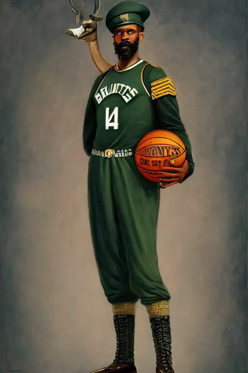 Prompt: full body portrait of the dictator of the milwaukee bucks, 1 8 8 9, in full military garb, on canvas by william sidney mount, trending on artstation