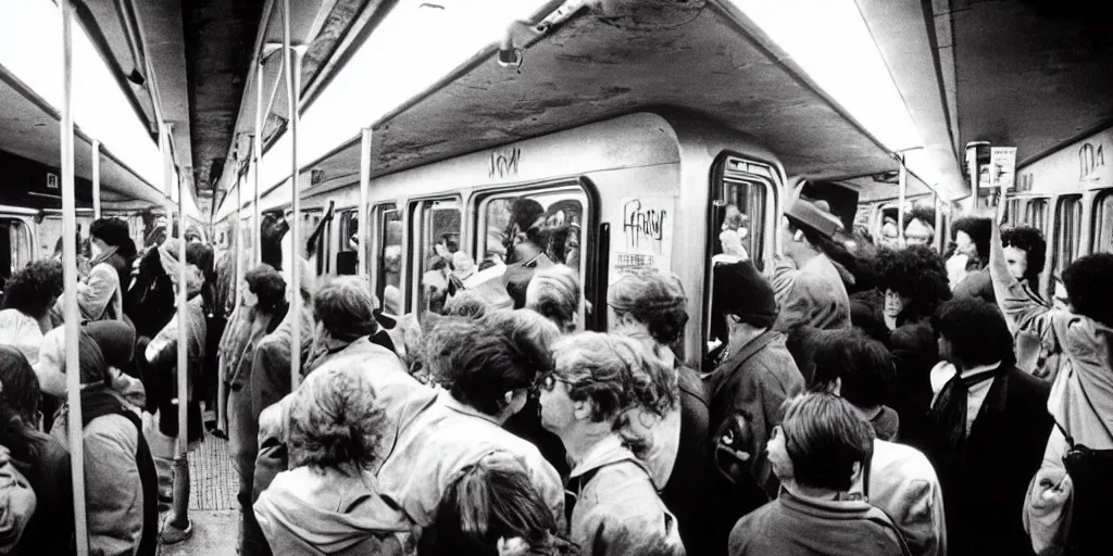 Prompt: 1 9 7 0's new york subway, crowd doing graffiti on a train in the depot, coloured film photography, christopher morris photography, bruce davidson photography