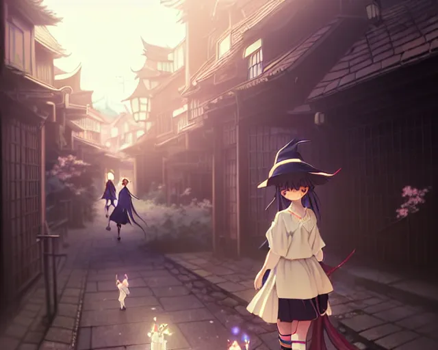 Prompt: key anime visual portrait of a young female witch walking through a busy fantasy village, ilya kuvshinov, dynamic pose, dynamic perspective, cinematic, dramatic lighting, muted colors, detailed silhouette, textured, anime proportions, kyoto animation, haibane renmei, niea under 7, yoh yoshinari