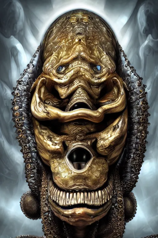 Image similar to a spectacular wideangle photorealistic, detailed closeup portrait of angry giger alien with a octopus head and golden jewelery, digital art