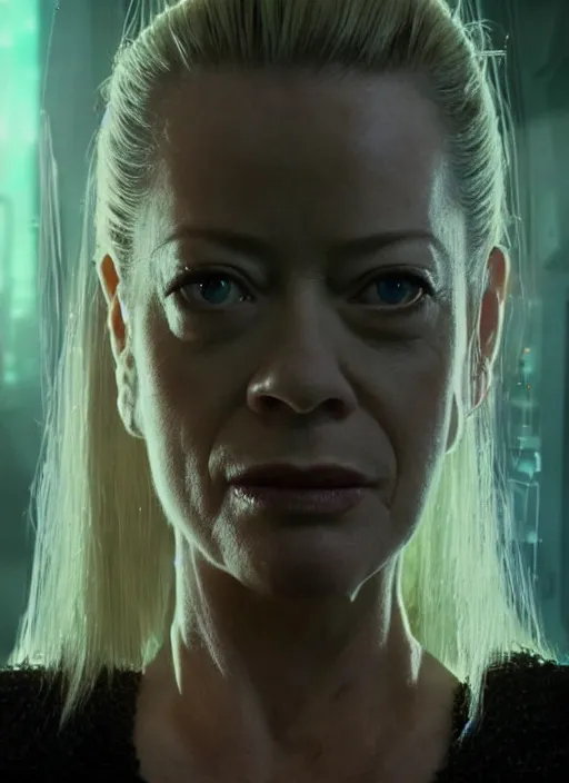 Prompt: 35mm portrait of an intricate and sophisticated borg with the face of Jeri Ryan , on the background of a weird magical mechanical forest. Round gears visible inside her hear. Very detailed 8k. Fantasy cyberpunk horror. Sharp. Cinematic post-processing