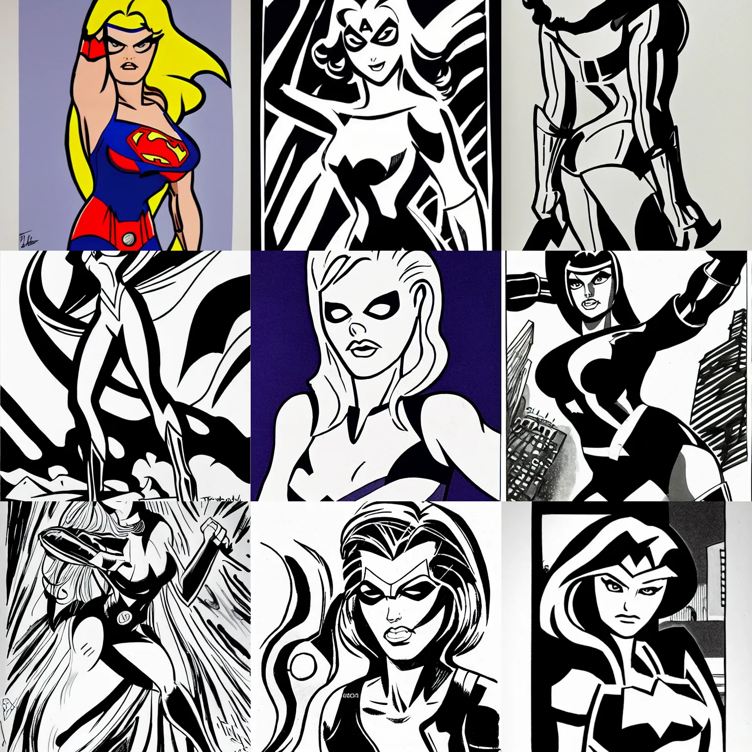 Prompt: a young woman, super hero, ink drawing, by bruce timm