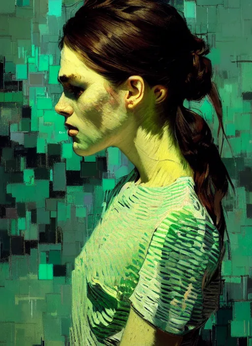 Image similar to portrait of a beautiful girl, eyes closed, open mouth, shades of green, beautiful face, rule of thirds, intricate outfit, spotlight, by greg rutkowski, by jeremy mann, by francoise nielly, by van gogh, digital painting