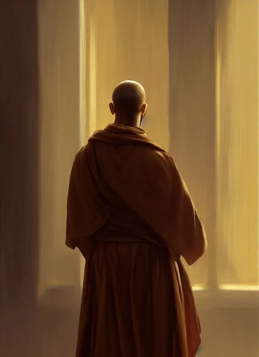 Image similar to oil painting of a franciscan monk in robes, looking out a window contemplatively, digital art, artstation, cinematic, golden hour, digital art painting by greg rutkowski