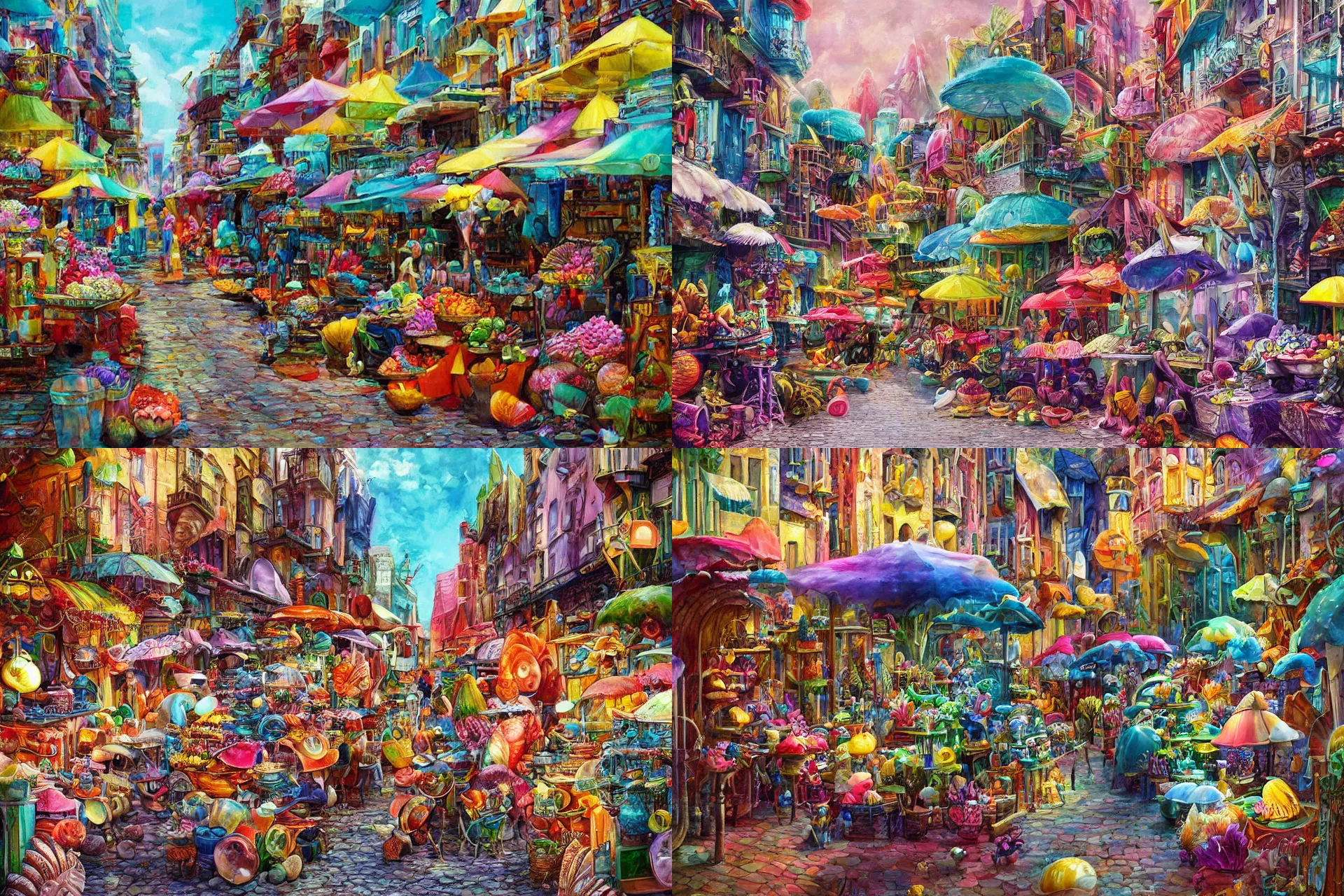 Prompt: !dream sci-fi scene of a villge in another world, seashell architecture, street market, colorful, impresionistic