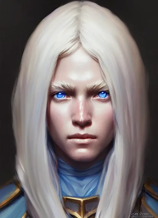 Image similar to a fantasy style portrait painting of shy white female paladin with blonde hair and blue eyes shy, scar under left eye, holy oil painting unreal 5 daz. rpg portrait extremely detailed artgerm greg rutkowski _ greg