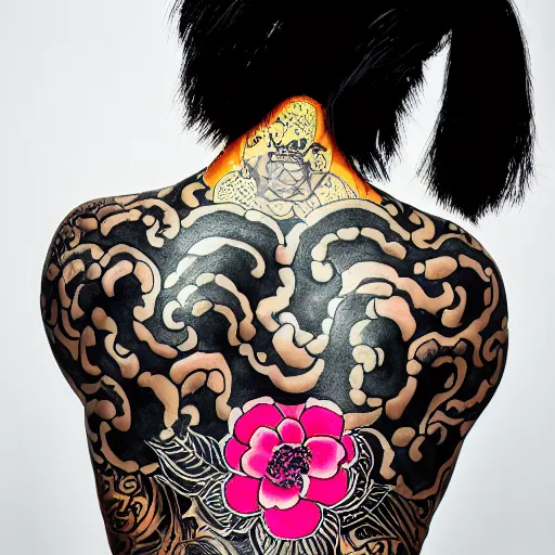 Image similar to photography of the back of a woman with a black detailed irezumi tatto representing a gold tiger with pink flowers on her entire back, dark hangar background, mid-shot, editorial photography