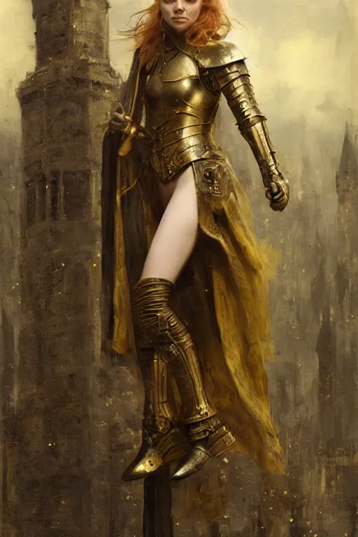 Image similar to redhead natalie dormer wearing black and gold medieval armour, bare legs, detailed, by gaston bussiere, bayard wu, greg rutkowski, giger, maxim verehin, greg rutkowski, masterpiece, sharp focus, cinematic lightning