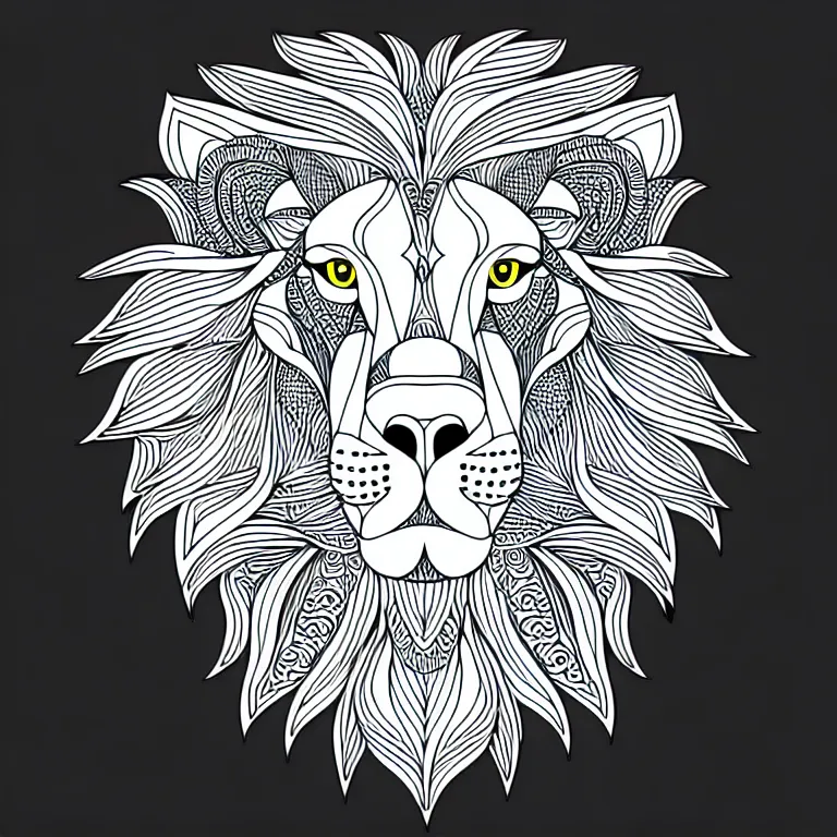 Prompt: beautiful lion, ornamental, fractal, line art, vector, outline, simplified, colouring page