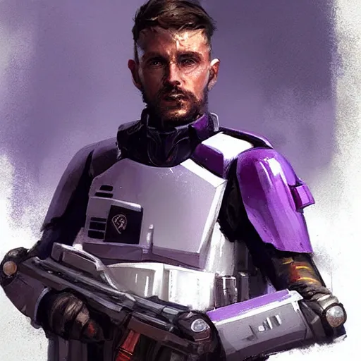 Image similar to concept art of a portrait by greg rutkowski, a soldier of the eternal empire wearing purple and white tactical gear, star wars expanded universe, smooth, sharp focus, artstation hq.