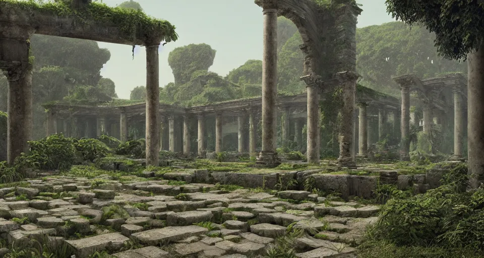 Prompt: Ancient roman colonnade in ruins, overgrown by the jungle by zdzisław beksiński, rendered by Beeple, Makoto Shinkai, syd meade, simon stålenhag, environment concept, digital art, unreal engine, WLOP, trending on artstation, 4K UHD image, octane render,